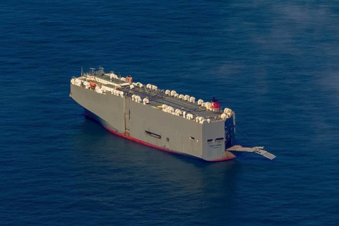 Cargo ship, anchoring car transporter Ocean Highway Panama, aerial view, cargo ships anchored off