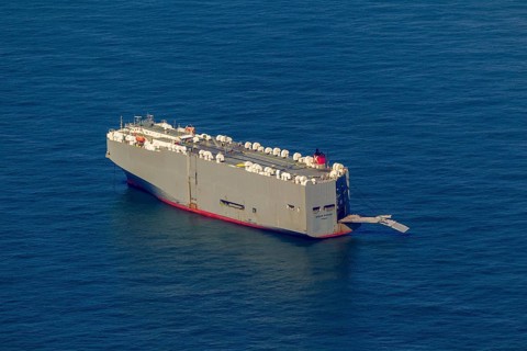 Cargo ship, anchoring car transporter Ocean Highway Panama, aerial view, cargo ships anchored off