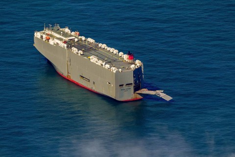 Cargo ship, anchoring car transporter Ocean Highway Panama, aerial view, cargo ships anchored off