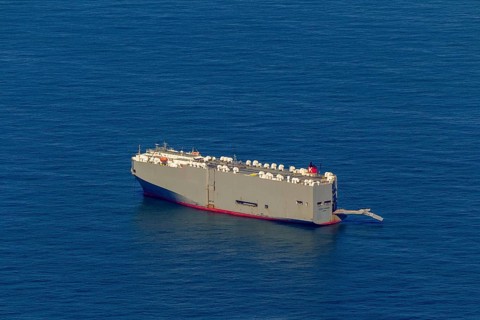 Cargo ship, anchoring car transporter Ocean Highway Panama, aerial view, cargo ships anchored off