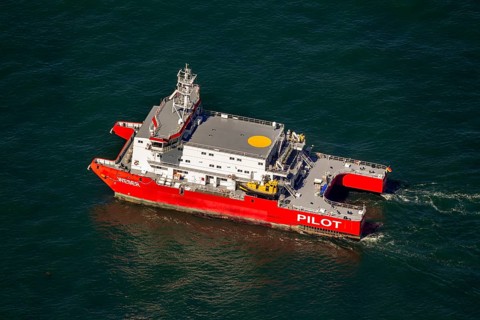 Pilot ship, pilot ship Weser, aerial photograph, cargo ships at anchor off Spiekeroog, shipping