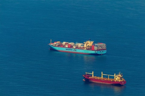Aerial view, cargo ships at anchor off Spiekeroog, shipping lane, shipping route, at sea, coastal