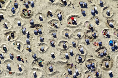 Sandy beach beach with beach chairs and sand walls, sand castles, aerial view, Wangerooge, North