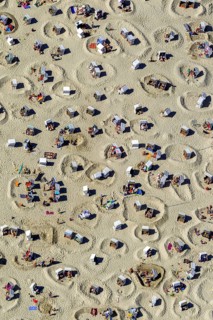 Sandy beach beach with beach chairs and sand walls, sand castles, aerial view, Wangerooge, North