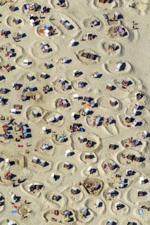 Sandy beach beach with beach chairs and sand walls, sand castles, aerial view, Wangerooge, North