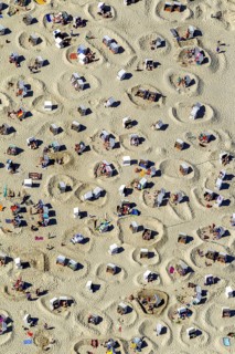 Sandy beach beach with beach chairs and sand walls, sand castles, aerial view, Wangerooge, North