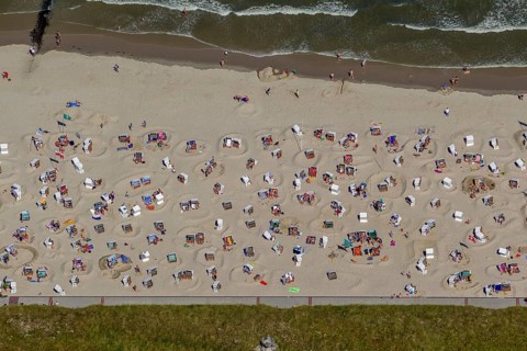 Sandy beach beach with beach chairs and sand walls, sand castles, aerial view, Wangerooge, North
