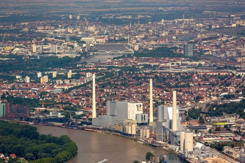 GKM Mannheim with view over Mannheim, power station, Schwetzingen, Baden-Württemberg, Germany,