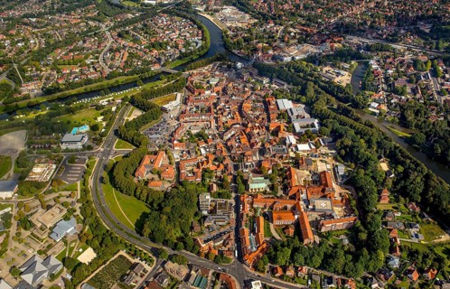 Overview of the city centre of Meppen, Meppen, Emsland, Lower Saxony, Germany, Europe, aerial view,