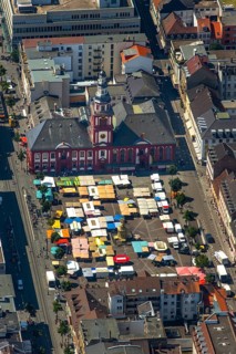 Market square of Mannheim with former town hall of Manheim, St Sebastian's Church, fountain