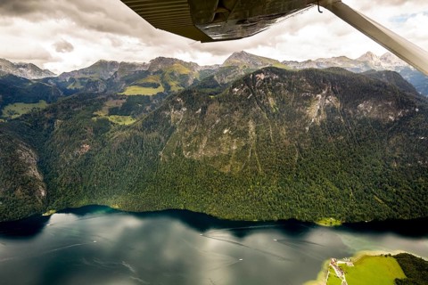 View of the Königssee from a small sports aeroplane, Schönau, Alps, Bavaria, Germany, Europe,