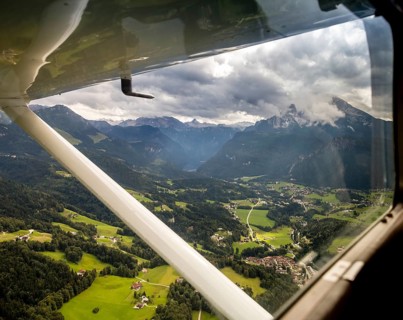View of the Königssee from a small sports aeroplane, Berchtesgaden, Alps, Bavaria, Germany, Europe,