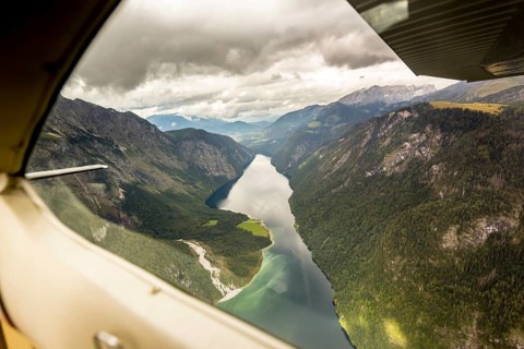 View of the Königssee from a small sports aeroplane, Schönau, Alps, Bavaria, Germany, Europe,