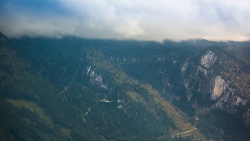 Motorised glider flying over the Alps, Salzburg, Alps, Austria, Europe, aerial view, birds-eyes