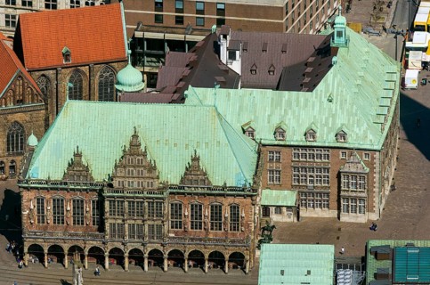 Bremen town hall, Bürgerschaft, green copper roof, city centre Bremen, city, aerial view, aerial