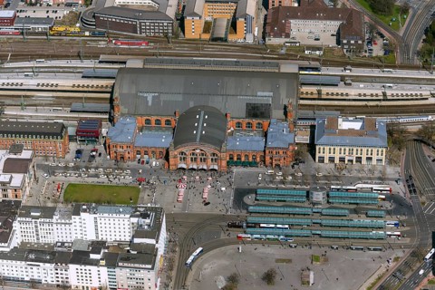 Central station of Bremen, station forecourt with bus station, city centre of Bremen, city, aerial