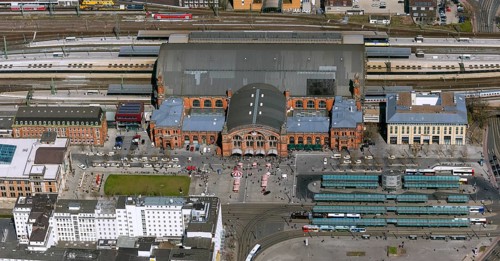Central station of Bremen, station forecourt with bus station, city centre of Bremen, city, aerial
