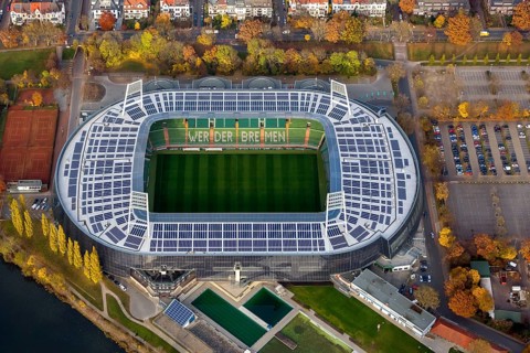 Aerial view, stadium of the Bundesliga club SV Werder Bremen, Weserstadion, Wuseum, photovoltaics,