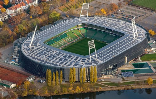 Aerial view, stadium of the Bundesliga club SV Werder Bremen, Weserstadion, Wuseum, photovoltaics,