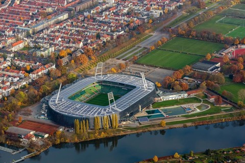 Aerial view, stadium of the Bundesliga club SV Werder Bremen, Weserstadion, Wuseum, photovoltaics,