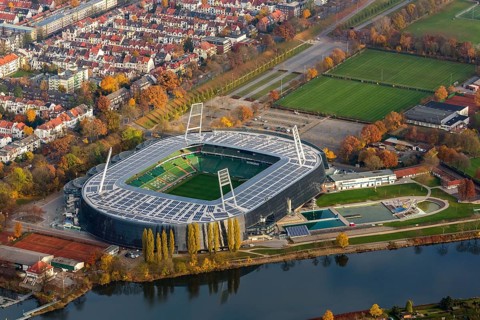 Aerial view, stadium of the Bundesliga club SV Werder Bremen, Weserstadion, Wuseum, photovoltaics,