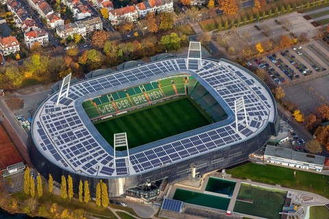 Aerial view, stadium of the Bundesliga club SV Werder Bremen, Weserstadion, Wuseum, photovoltaics,