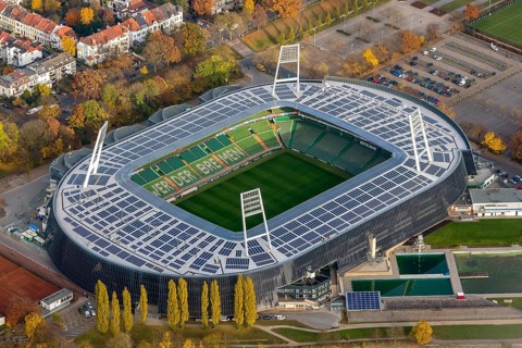 Aerial view, stadium of the Bundesliga club SV Werder Bremen, Weserstadion, Wuseum, photovoltaics,