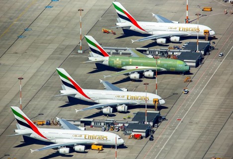 Airbus A380 for Emirates in front of completion on the apron, Finkenwerder Airport, Finkenwerder