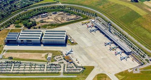 Apron with Airbus aircraft and tower, Finkenwerder Airport, Finkenwerder Airport, Hamburg, Free and