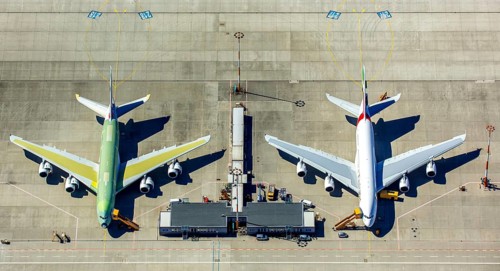 Airbus A380 for Emirates in front of completion on the apron, Finkenwerder Airport, Finkenwerder