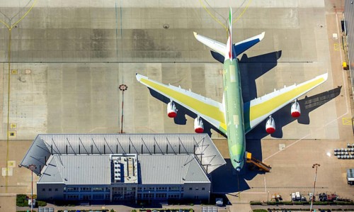Airbus A380 for Emirates in front of completion on the apron, Finkenwerder Airport, Finkenwerder