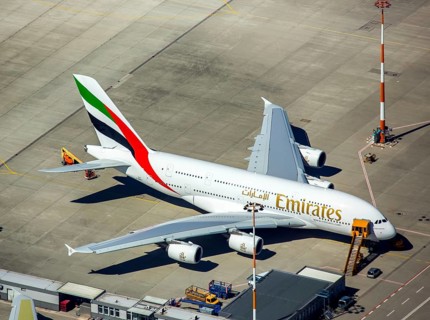 Airbus A380 for Emirates in front of completion on the apron, Finkenwerder Airport, Finkenwerder