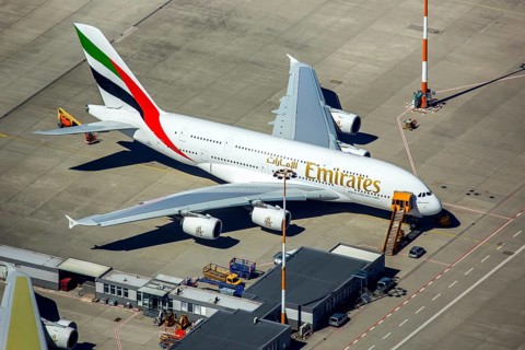 Airbus A380 for Emirates in front of completion on the apron, Finkenwerder Airport, Finkenwerder