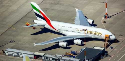 Airbus A380 for Emirates in front of completion on the apron, Finkenwerder Airport, Finkenwerder