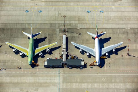 Airbus A380 for Emirates in front of completion on the apron, Finkenwerder Airport, Finkenwerder