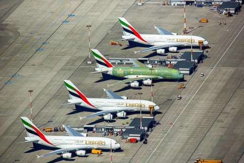 Airbus A380 for Emirates in front of completion on the apron, Finkenwerder Airport, Finkenwerder