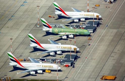 Airbus A380 for Emirates in front of completion on the apron, Finkenwerder Airport, Finkenwerder