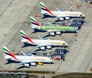 Airbus A380 for Emirates in front of completion on the apron, Finkenwerder Airport, Finkenwerder