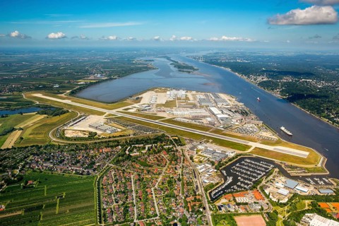 Finkenwerder Airport, runway and factory halls of Airbus Airport, Finkenwerder Airport, Hamburg,