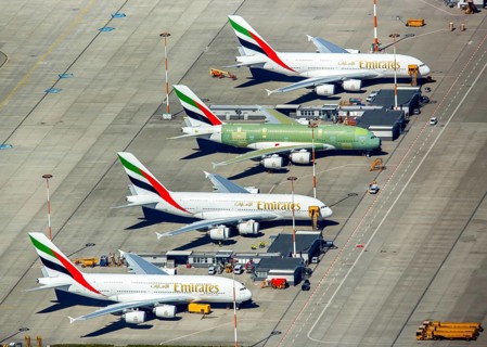 Airbus A380 for Emirates in front of completion on the apron, Finkenwerder Airport, Finkenwerder