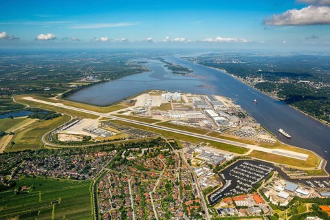Finkenwerder Airport, runway and factory halls of Airbus Airport, Finkenwerder Airport, Hamburg,