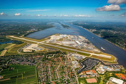 Finkenwerder Airport, runway and factory halls of Airbus Airport, Finkenwerder Airport, Hamburg,