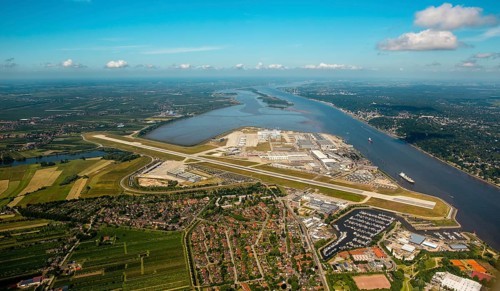 Finkenwerder Airport, runway and factory halls of Airbus Airport, Finkenwerder Airport, Hamburg,