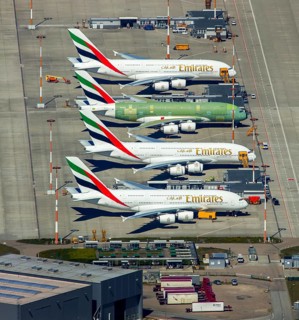 Airbus A380 for Emirates in front of completion on the apron, Finkenwerder Airport, Finkenwerder