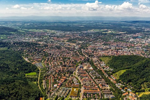 Overview of Freiburg, Freiburg im Breisgau, Breisgau, Baden-Württemberg, Germany, Europe, aerial