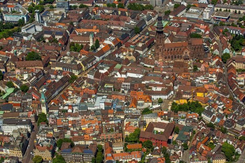Old town of Freiburg with Schwabentor, market place with Freiburg Minster, Freiburg im Breisgau,