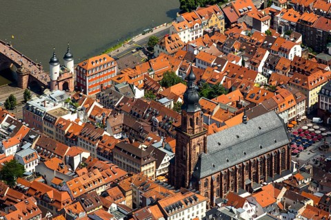 Heiliggeistkirche in Heidelberg Old Town with Old Bridge and Tor tor of the Old Bridge, Neckar,