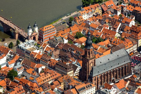 Heiliggeistkirche in Heidelberg Old Town with Old Bridge and Tor tor of the Old Bridge, Neckar,