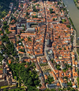 Overview of Heidelberg and the Neckar river with Old Bridge and Heiliggeistkirche, Heidelberg,