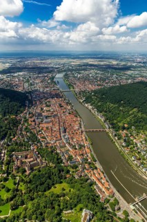 Overview of Heidelberg and the Neckar river with Old Bridge and Heiliggeistkirche, Heidelberg,